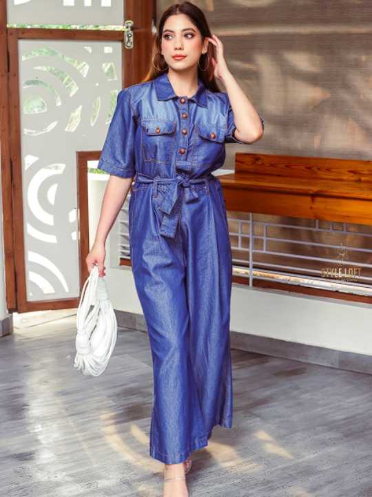 Long Denim belted Jumpsuit 